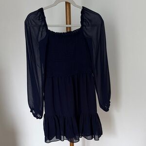 Navy Blue Smocked Ruffle Hem Mini Dress